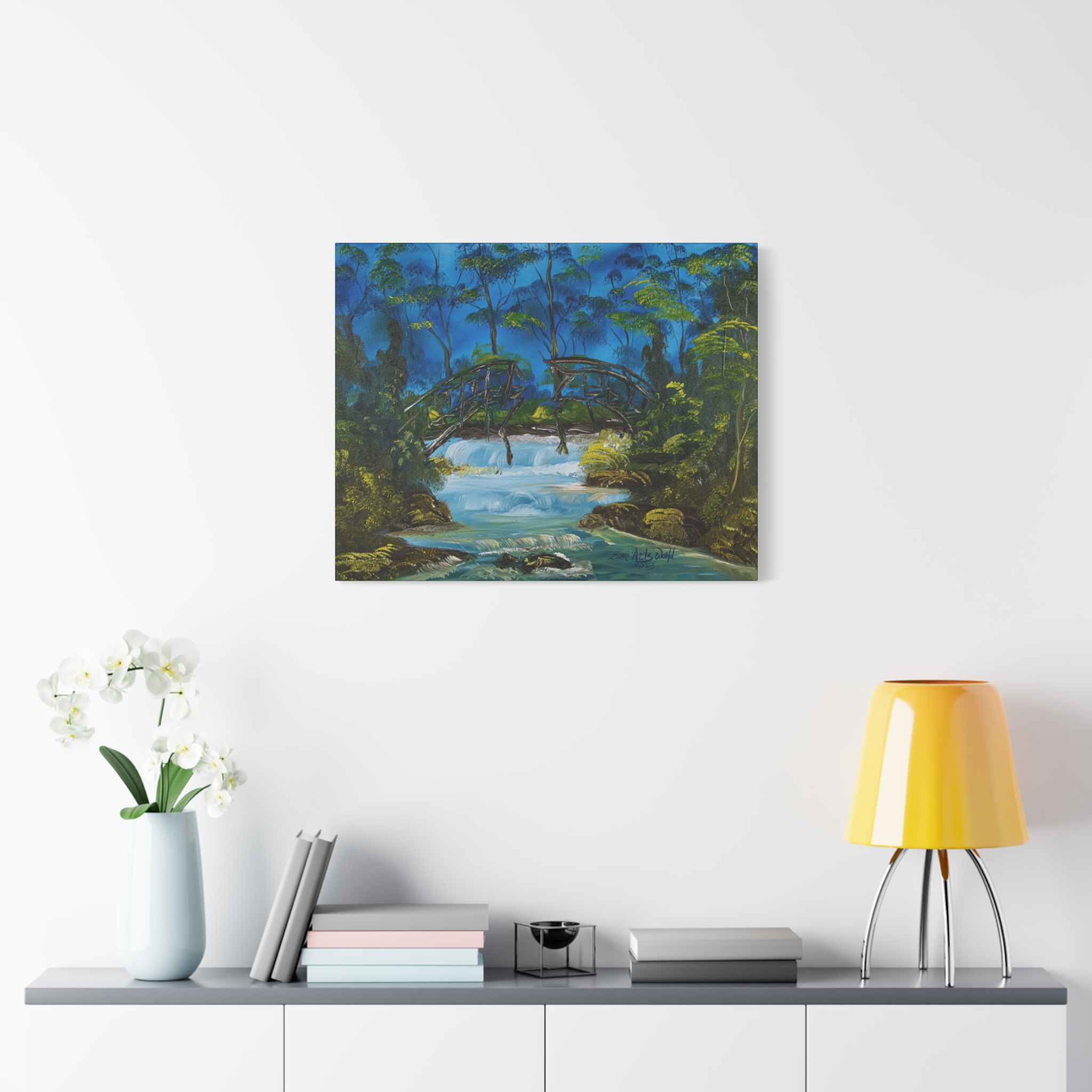 10271530406414138815_2048.jpeg River Bridge Matte Canvas Wall Art — Tranquil Forest Waterfall Painting - Image 2