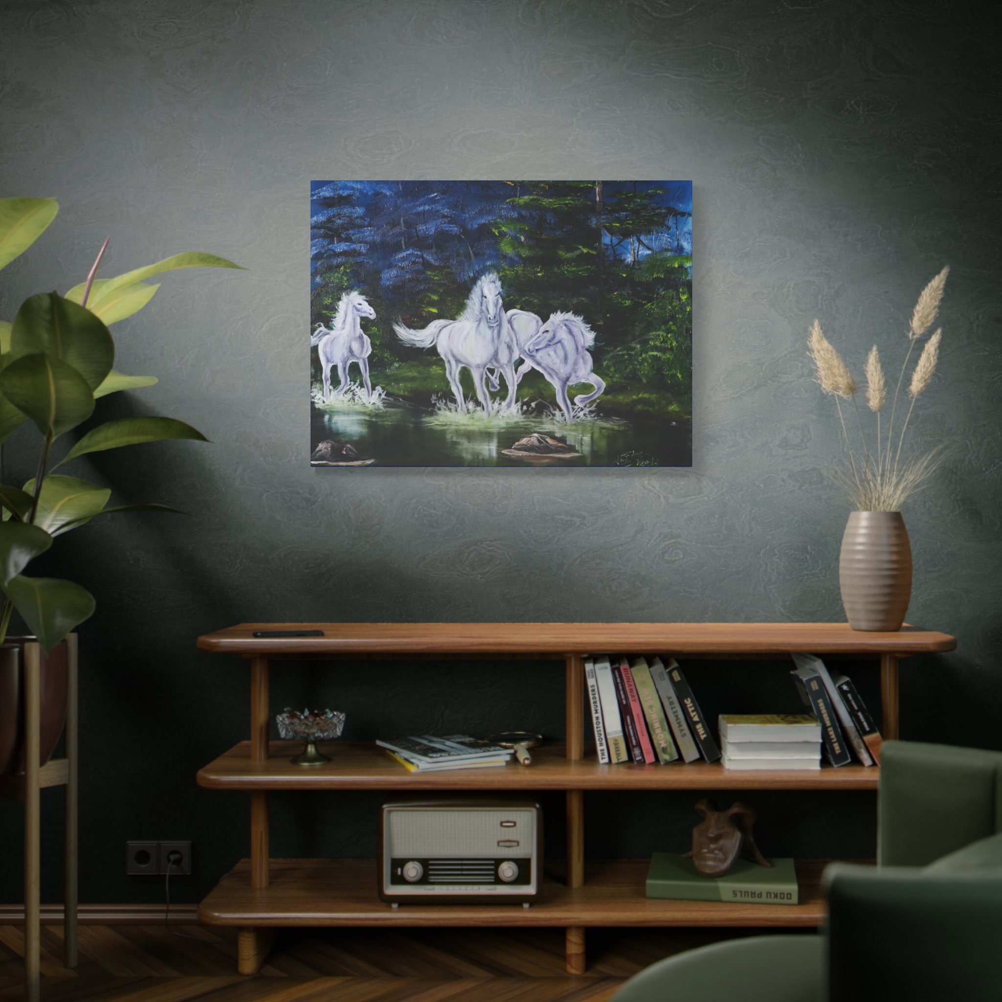 10707204556404321411_2048.jpeg White Horses by the Pond - Matte Stretched Canvas Wall Art - Image 6