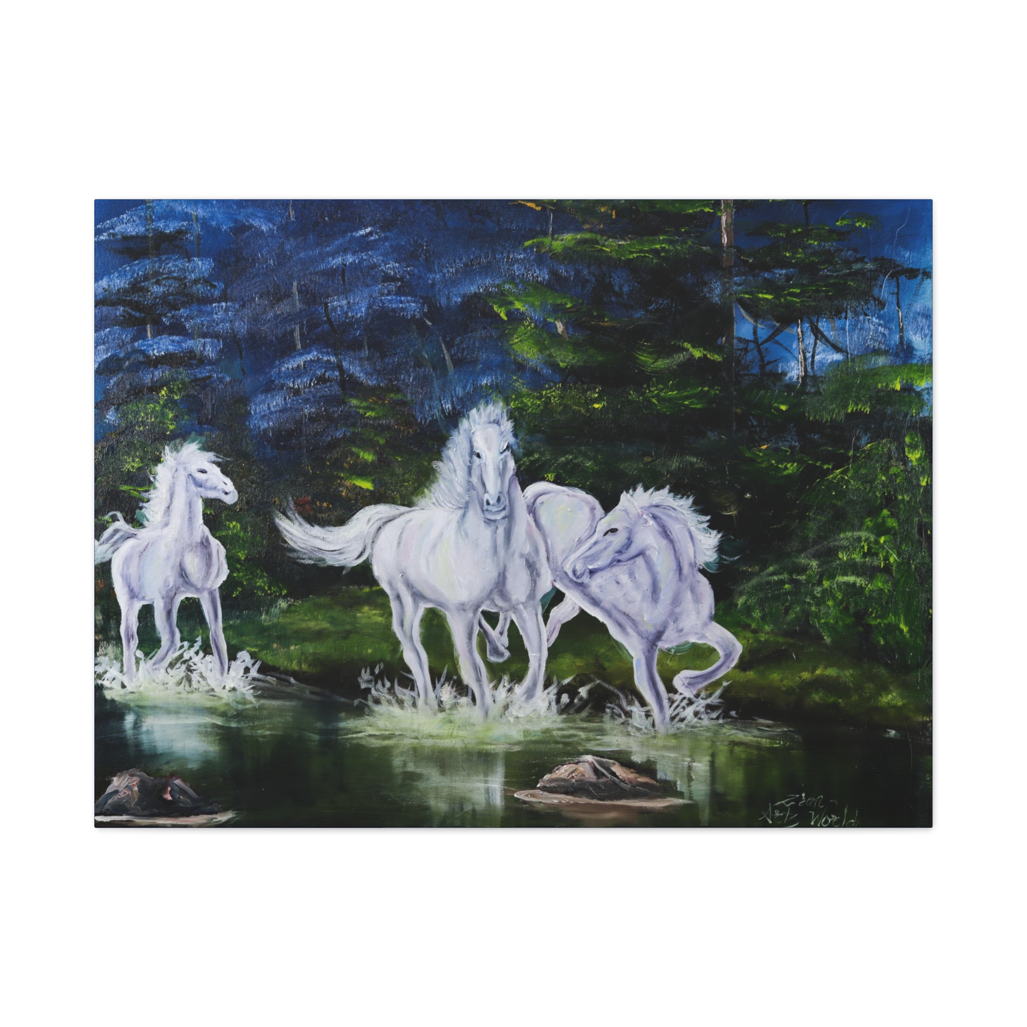 11396789743969222873_2048.jpeg White Horses by the Pond - Matte Stretched Canvas Wall Art - Image 4