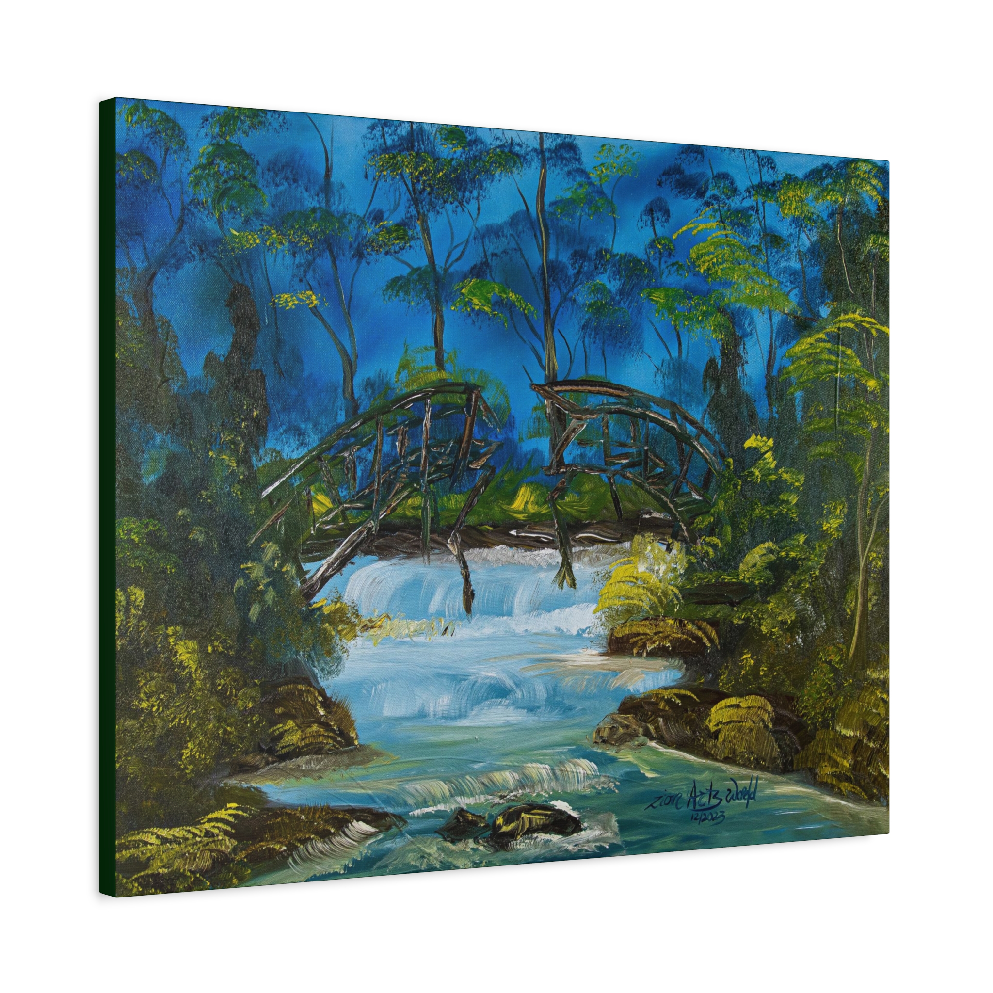 15454400504021274347_2048.jpeg River Bridge Matte Canvas Wall Art — Tranquil Forest Waterfall Painting