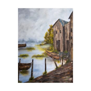 coastal village oil style unframed poster — serene harbor boat print