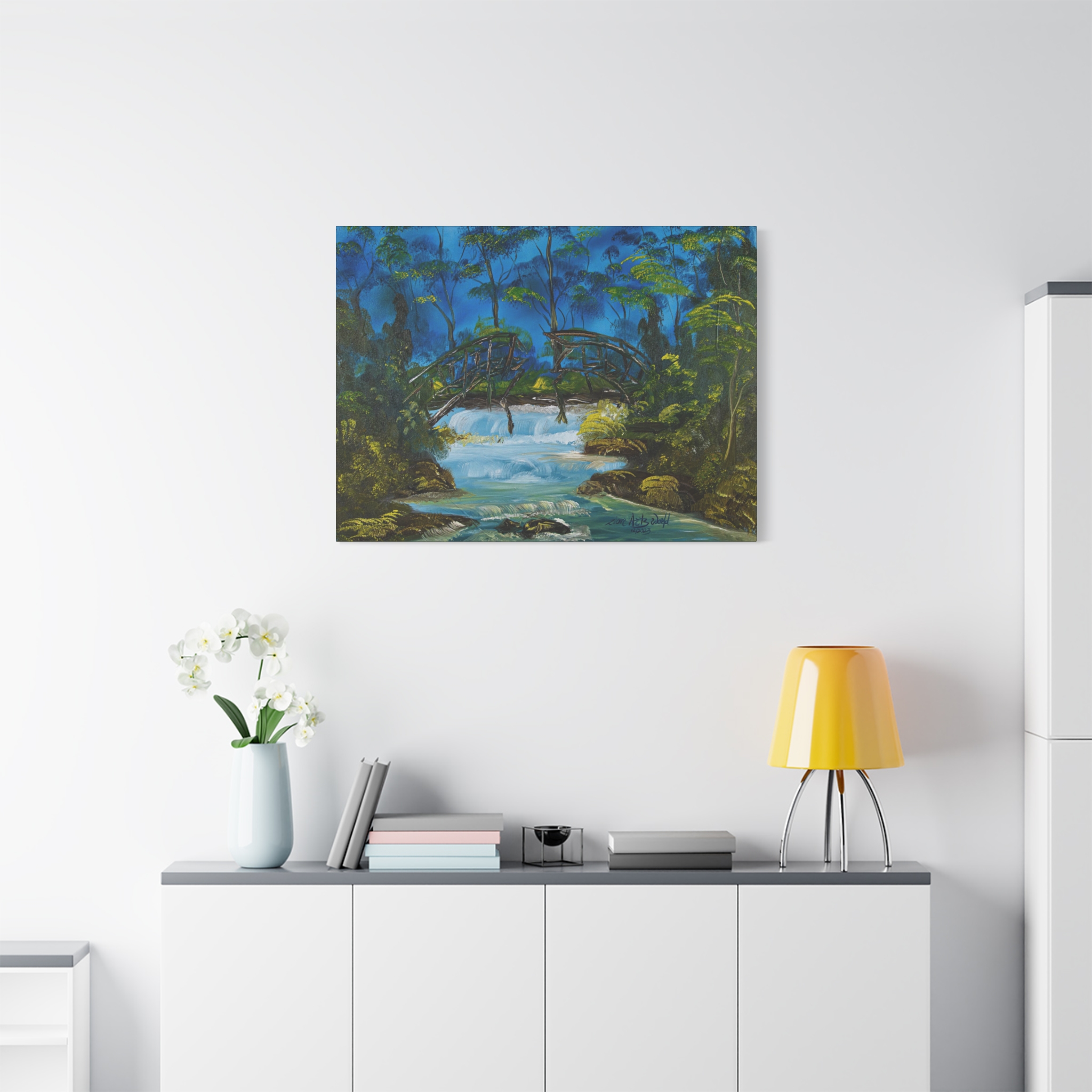 2242188959035036406_2048.jpeg River Bridge Matte Canvas Wall Art — Tranquil Forest Waterfall Painting - Image 4