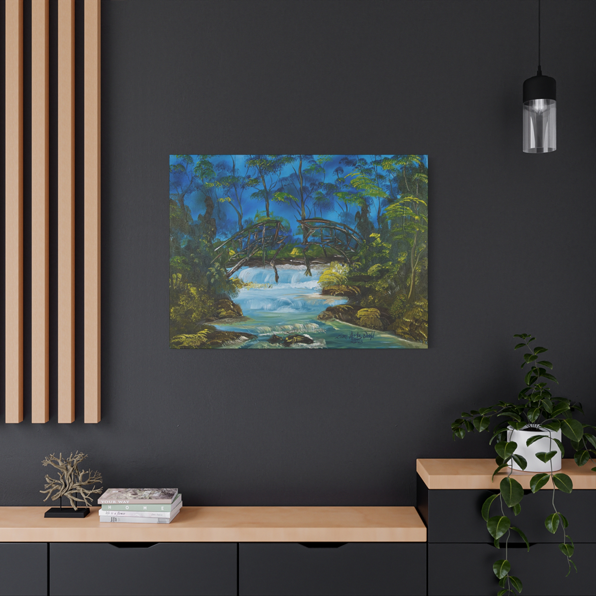 2258765103470809276_2048.jpeg River Bridge Matte Canvas Wall Art — Tranquil Forest Waterfall Painting - Image 5