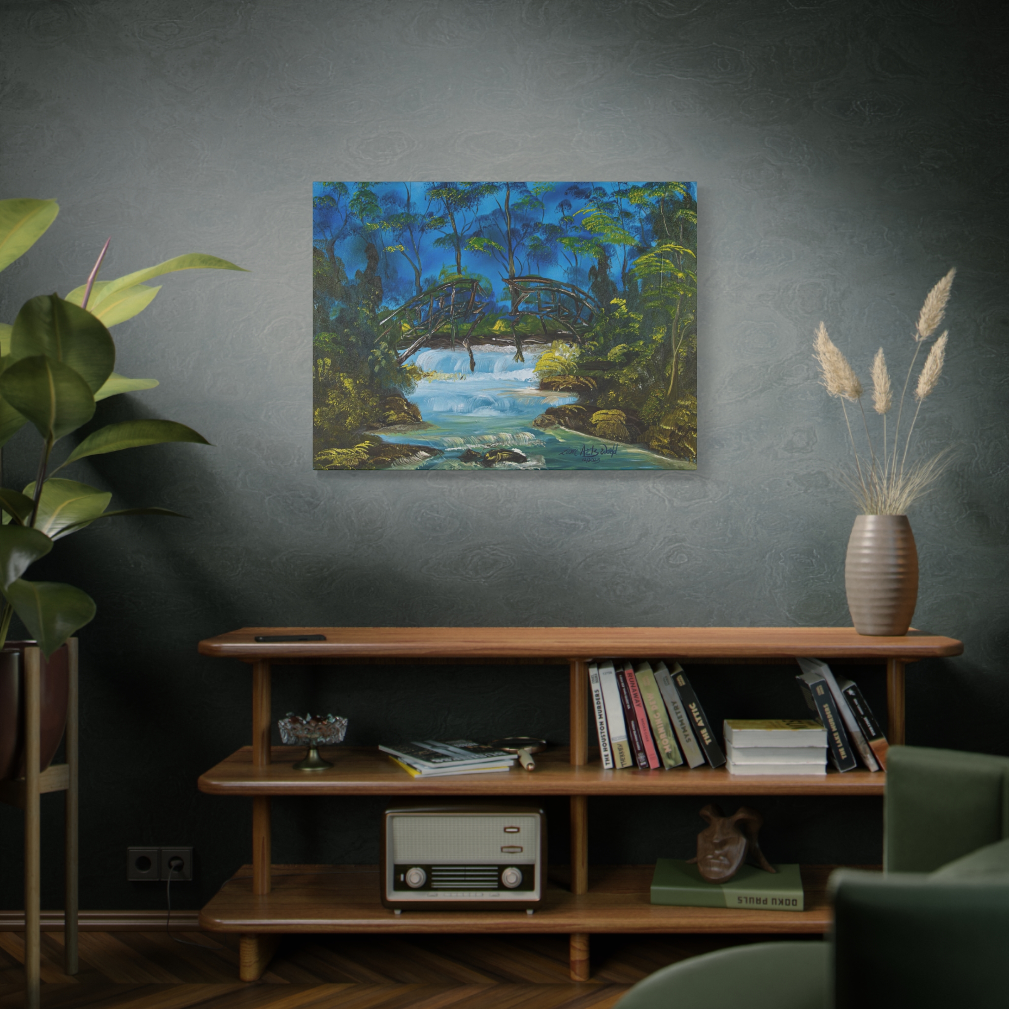 3506219108019260951_2048.jpeg River Bridge Matte Canvas Wall Art — Tranquil Forest Waterfall Painting - Image 6