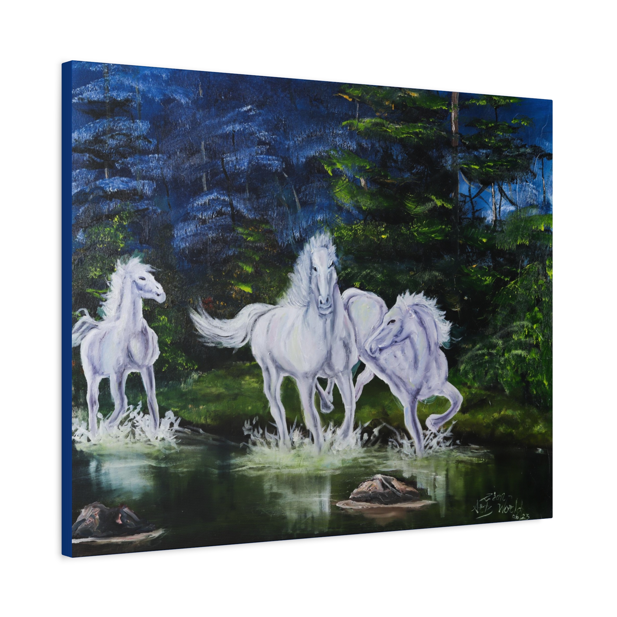 5087885494202980147_2048.jpeg White Horses by the Pond - Matte Stretched Canvas Wall Art