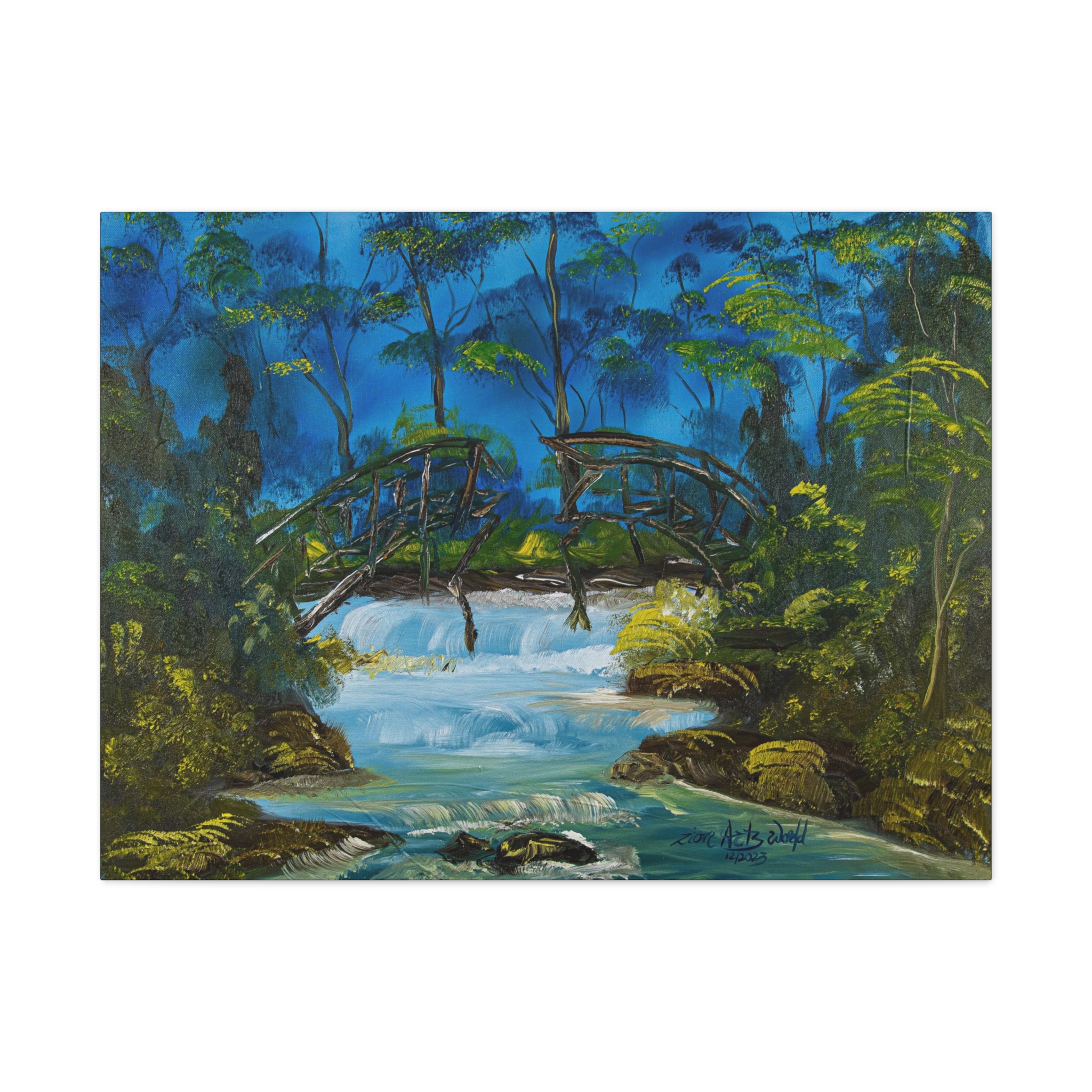 7039407087203931502_2048.jpeg River Bridge Matte Canvas Wall Art — Tranquil Forest Waterfall Painting - Image 3