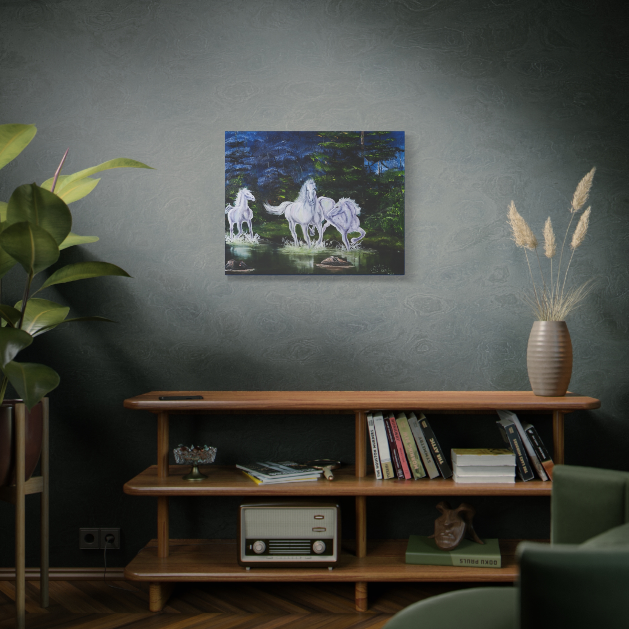 8896883887351026016_2048.jpeg White Horses by the Pond - Matte Stretched Canvas Wall Art - Image 3