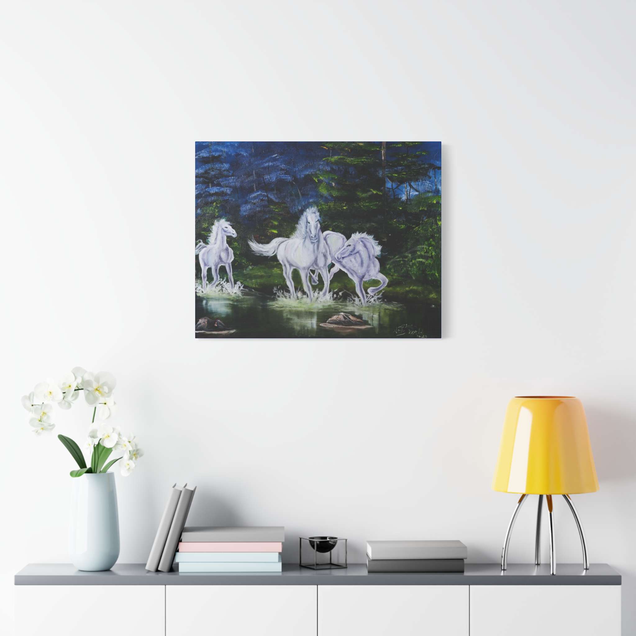 9072904922121287745_2048.jpeg White Horses by the Pond - Matte Stretched Canvas Wall Art - Image 2