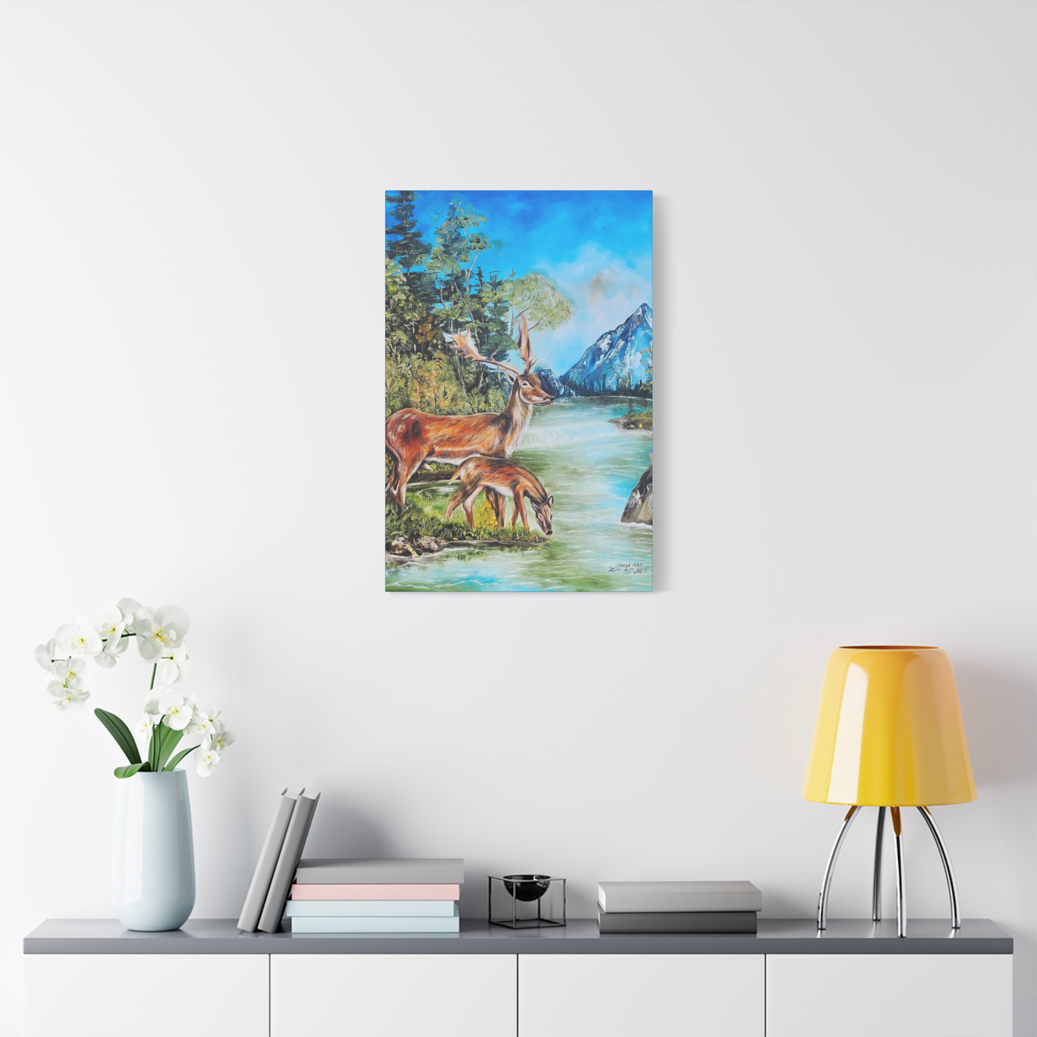 deer by mountain lake matte canvas print deer by mountain lake matte canvas print