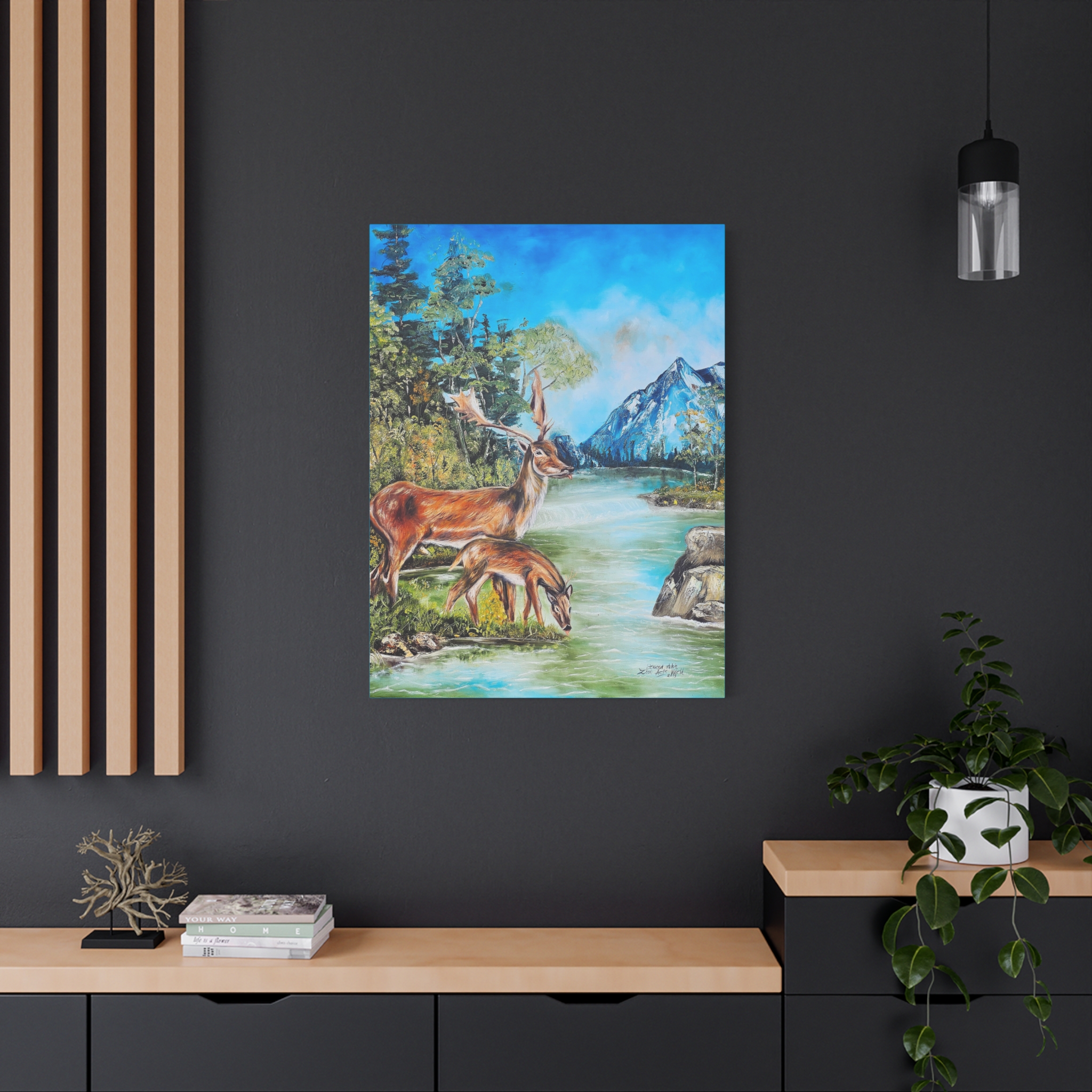 deer by mountain lake matte canvas print deer by mountain lake matte canvas print