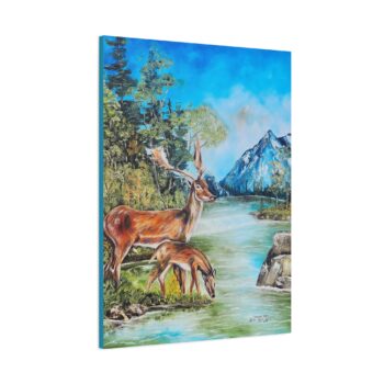 deer by mountain lake matte canvas print