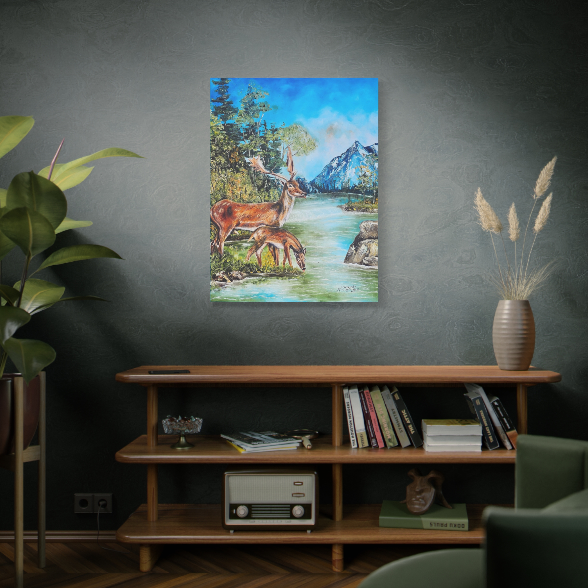 deer by mountain lake matte canvas print deer by mountain lake matte canvas print